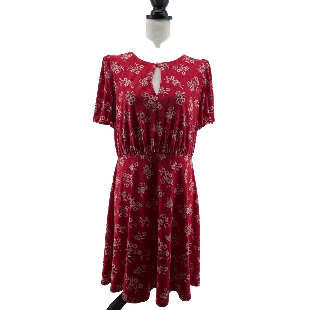 LOFT Dress Women's 8 Red Floral Smocked Flounce Short Puff Sleeve Classic Career
